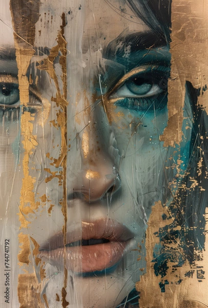Fototapeta Portrait of a woman. Beautiful plants on canvas.Gold, black, blue and gray colors. Interior painting. Beautiful background. Generative AI.