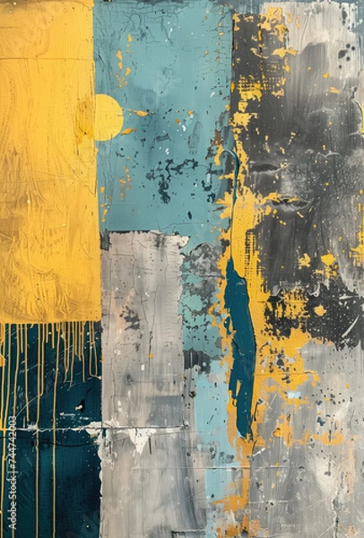 Fototapeta Splashes of bright paint on the canvas.Gold, black, blue and gray colors. Interior painting. Beautiful background. Generative AI.
