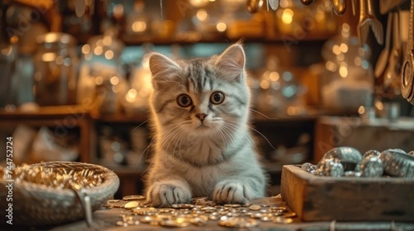 Obraz  a kitten sitting on top of a table next to a bowl of gold coins and a basket of silver coins in front of a shelf full of gold and silver ornaments.