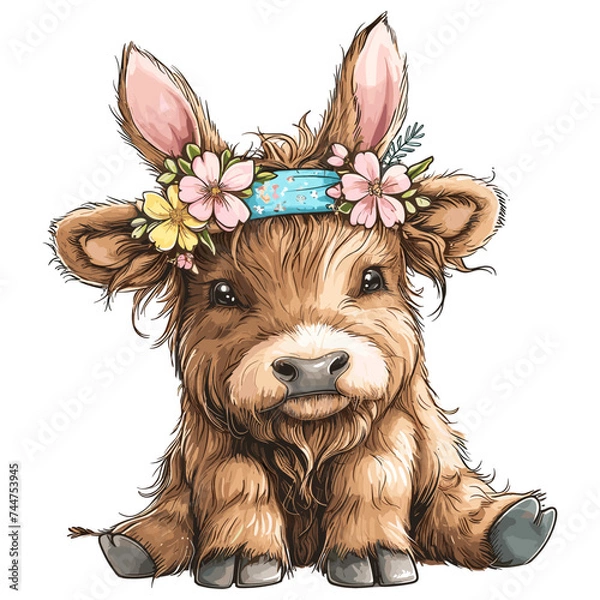 Fototapeta cute highland cow, wearing spring flower crown watercolor easter flowers
