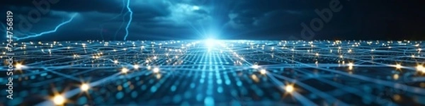 Fototapeta Vivid Cyber Grid with Electric Current, Futuristic Digital Landscape Depicting Data Flow and High-Speed Connectivity