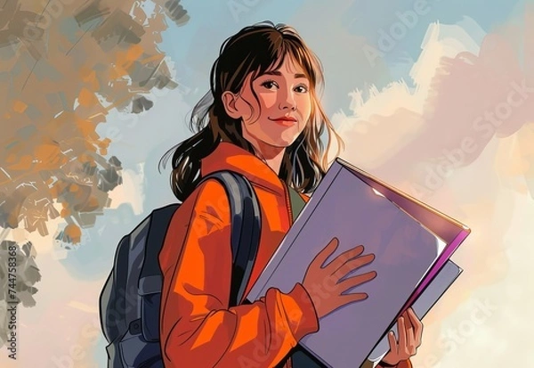 Fototapeta Mixed Race/Latina Student Illustration, with Books, Backpack, Urban Environment. Diversity and Education Concepts. Generative AI.
