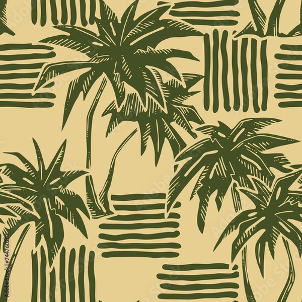 Fototapeta Tropical seamless vector pattern with palm leaves and tree. Holiday vocation theme for fabric print, textile design, fashion party invitation, luxury life style. Hand drawn cartoon line illustration.