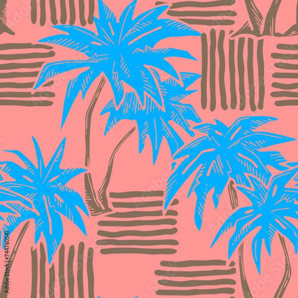 Fototapeta Tropical seamless vector pattern with palm leaves and tree. Holiday vocation theme for fabric print, textile design, fashion party invitation, luxury life style. Hand drawn cartoon line illustration.
