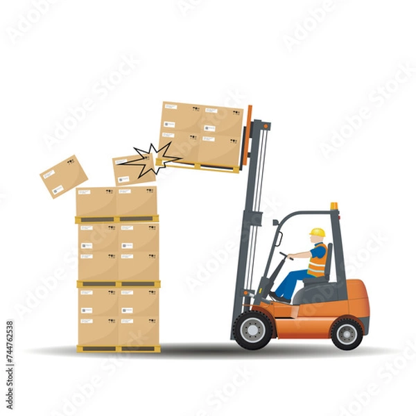 Obraz Dangers of working with a forklift. Observe the permissible height for storing goods. Vector.