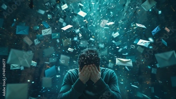 Fototapeta Person in despair over laptop, bombardment of virtual messages, work pressure