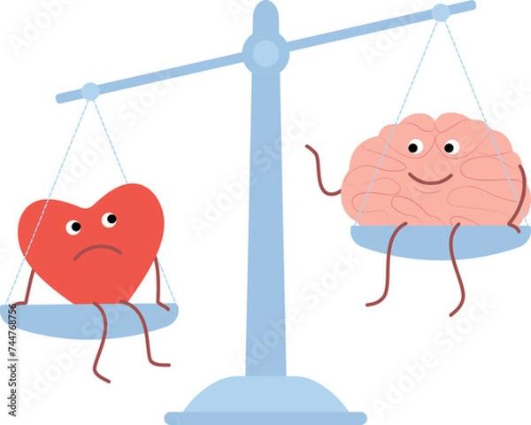 Fototapeta Vector characters brain and heart as a symbol of the predominance of reason over feelings.