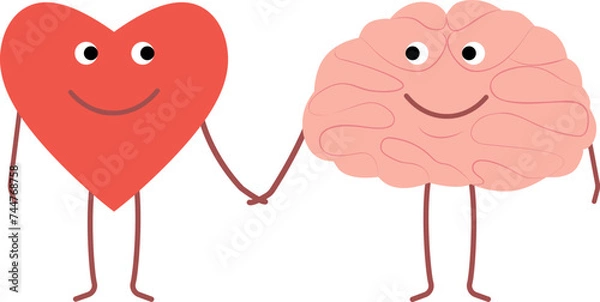 Fototapeta Vector characters in flat style. Brain and heart as a symbol of the balance of feelings and mind.