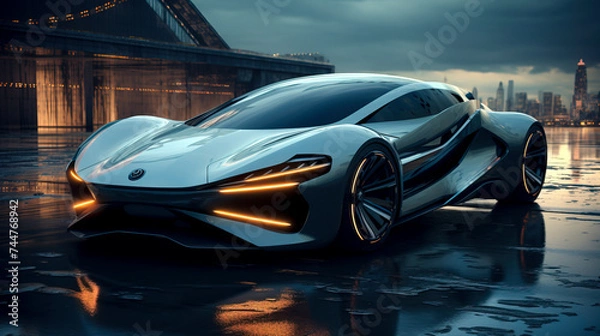 Fototapeta Sleek Autonomous Concept Car with Neon Accents Reflecting on Wet Ground, created with Generative AI technology