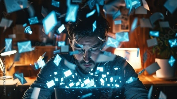 Fototapeta Man overwhelmed with email notifications, information overload, digital stress