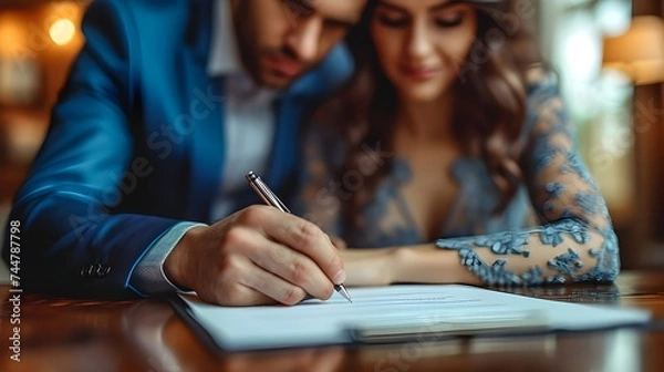 Obraz Portrait of married couple making write will in business office. Estate Planning. 