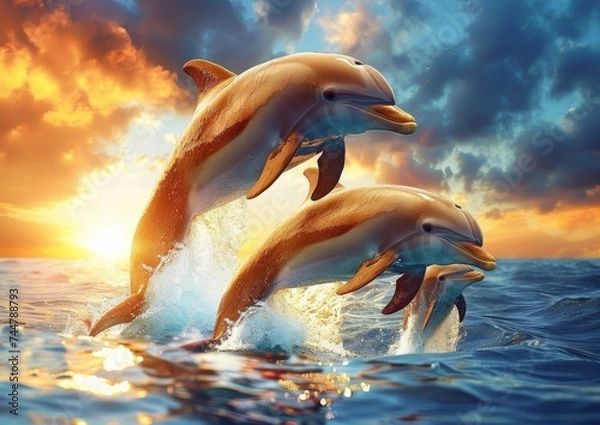 Fototapeta Playful Dolphins Leaping at Sunset: A Spectacular Display of Nature's Grace in the Ocean