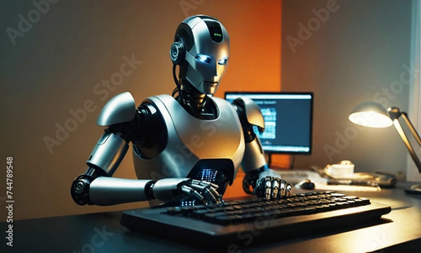 Fototapeta A ai Robot using computer, typing keyboard in his working room. AI generative 