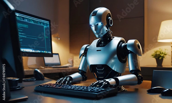 Obraz A ai Robot using computer, typing keyboard in his working room. AI generative 