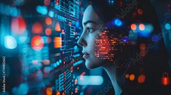 Fototapeta Face of futuristic and Innovative Imagery AI and Automation use of artificial intelligence and automation in business processes, illustrating efficiency and productivity enhancements