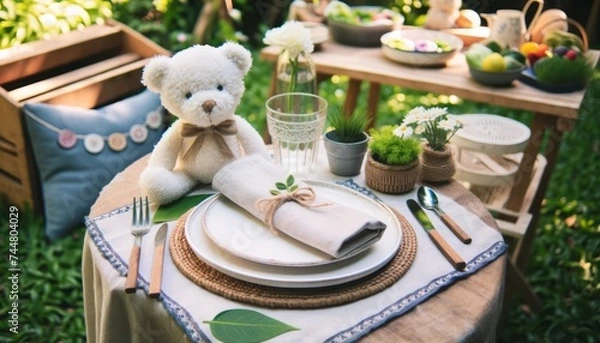 Fototapeta Kid table served in a garden. Generative AI