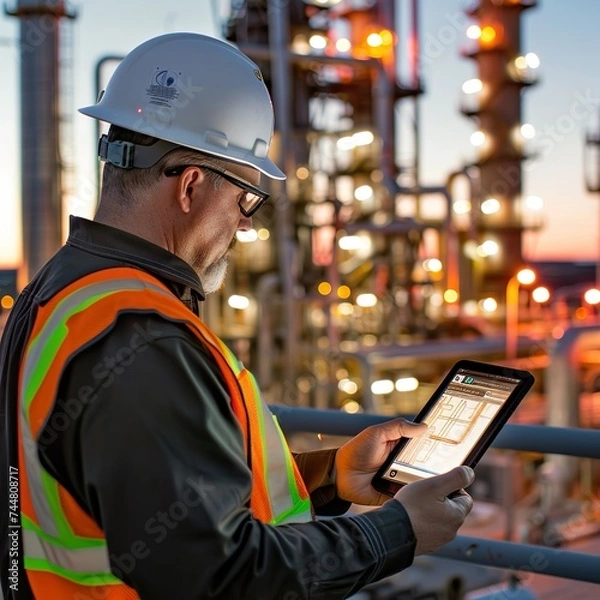 Fototapeta An engineer in a hard hat and high-visibility vest reviews a tablet with an industrial plant aglow in the warm light of dawn or dusk in the background