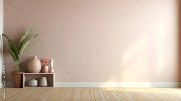 Fototapeta A daylight interior room banner with copy space, a plain beige wall with lots empty space for text, wooden flooring, carefully arranged decorative items, potted plants in vases, eco design concept