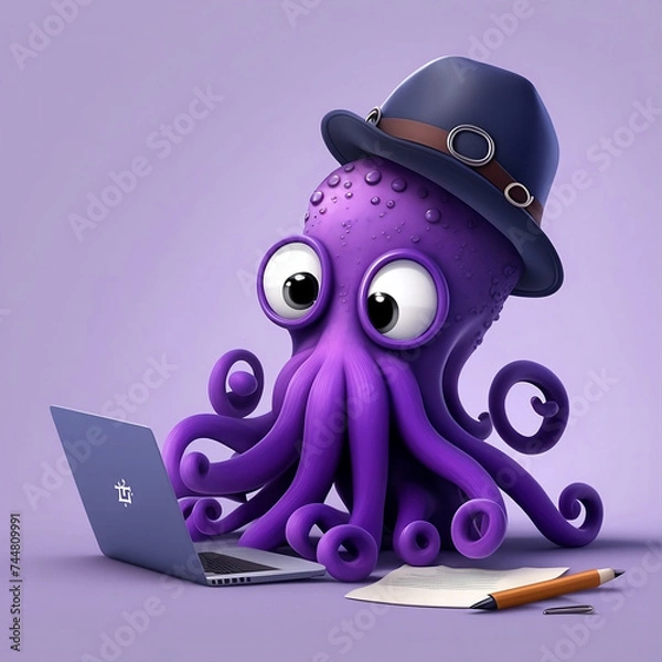 Obraz Octapus in a hat with a laptop