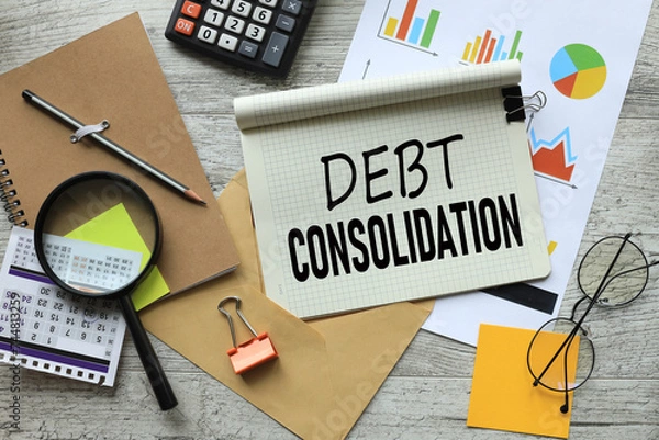 Fototapeta debt consolidation stationery and calculator on financial chart. text on notepad page with spiral