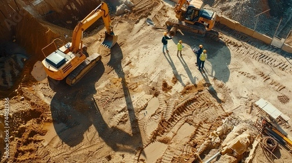 Obraz Aerial Drone Shot Of Construction Site With Excavators On Sunny Day: Diverse Team of Real Estate Developers Discussing Project. Civil Engineer, Architect, Inspector Talking And Using Tablet Computer. 