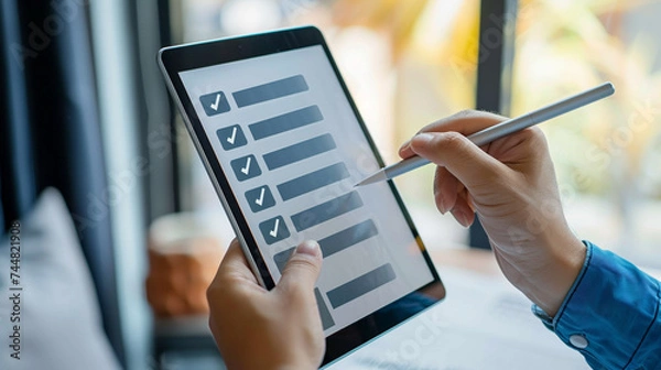 Obraz Professional Completing Checklist on Digital Tablet. A person uses a stylus to check off items on a digital to-do list on a tablet, symbolizing task management and productivity.