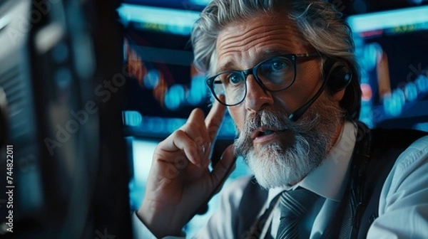 Obraz Portrait of Professional Middle Aged Trader Working on a Stock Exchange. Stylish Adult Man Communicating Buy and Sell Orders on a Call and Showing Hand Signals to an Arbitrage Broker