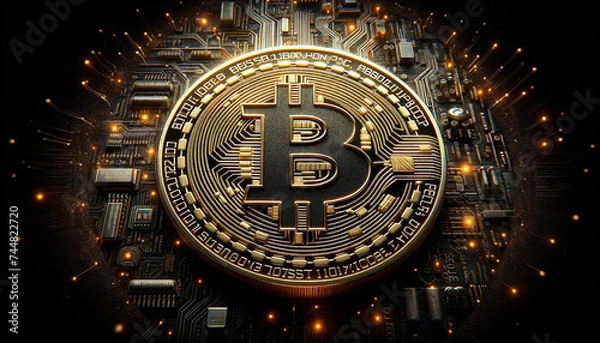 Fototapeta Bitcoin Coin Integrated with Electronic Circuit Board