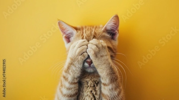 Obraz Shy cat, worried cat, depressed poor kitty, unhappy orange tabby kitten isolated on yellow background, concept of mental health, depression, anxiety, shy and anti social.