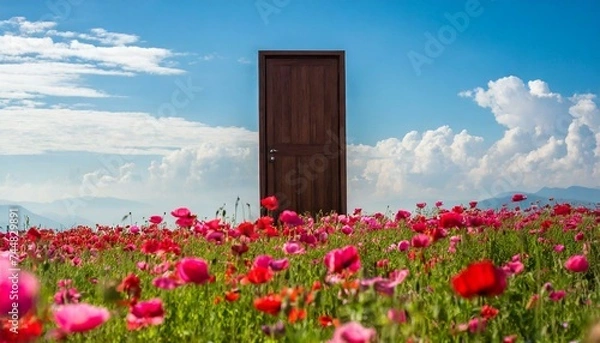 Fototapeta Open door in field of flowers