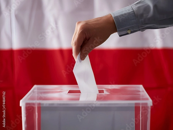Fototapeta Hand casting a vote into a ballot box with a blurred Poland flag background, symbolizing national elections.