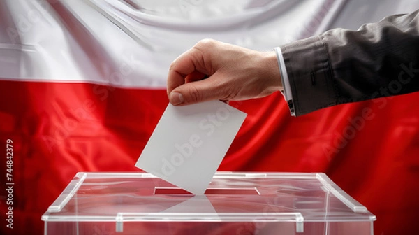 Fototapeta Ballot insertion into a transparent voting box, a fundamental democratic process, patriotic Poland flag behind