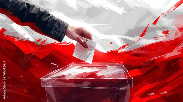 Fototapeta Stylized voting scene with a ballot being cast, dynamic red strokes illustrating urgency. Poland flag