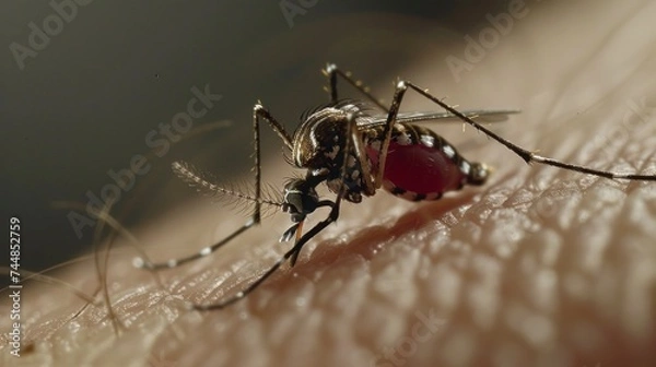 Fototapeta large mosquito biting a human on the arm with a full tail