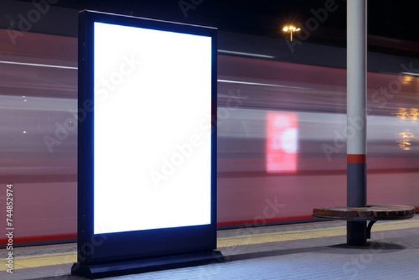 Fototapeta Billboard at a railway station with a fast passing train, motion blur. Mock-up.