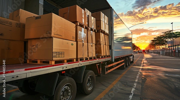 Obraz Logistics in Action: Loading Cargo onto a Truck at Sunset