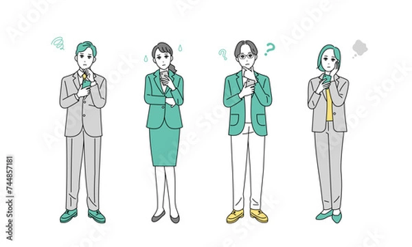 Fototapeta スマートフォンを持つ様々な職種のビジネスパーソンの全身イラスト
