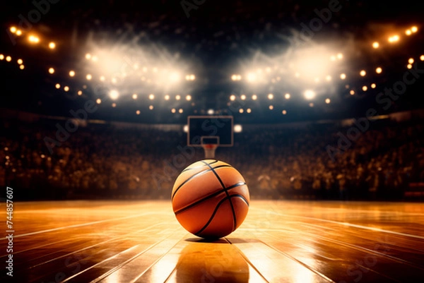 Fototapeta A basketball on a shiny court with a spotlight and stadium filled with fans in the background.