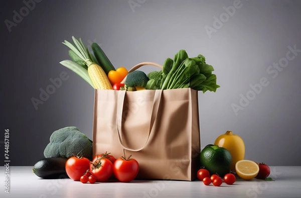 Fototapeta paper bag with vegetarian products and vegetables on a white table in a modern light kitchen