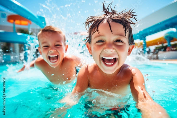 Fototapeta Children playing and splashing in a waterpark pool, capturing the essence of summer fun.