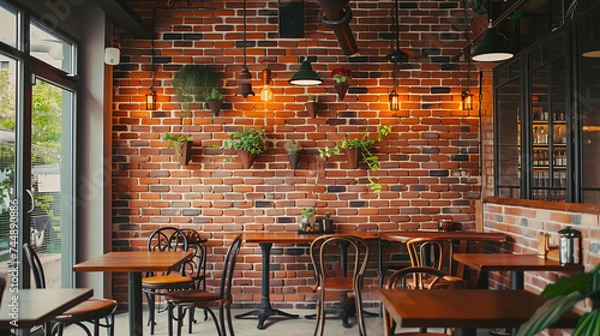Obraz Sleek Cafe Design with Rustic Brick Wall