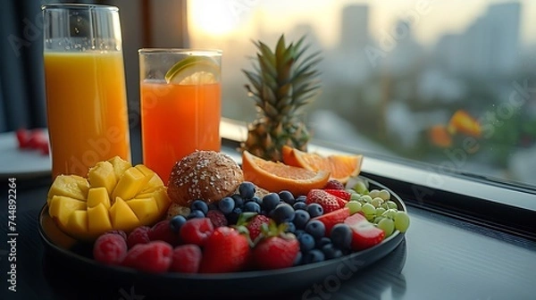 Fototapeta Generative AI : Hotel breakfast served on black table next to window. 