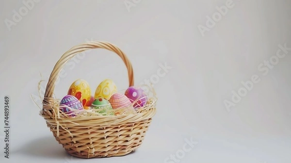 Fototapeta Generative AI : Basket with easter eggs on white background