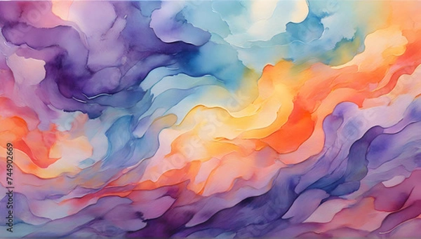 Fototapeta Watercolor abstract background. Smooth transitions iridescent colors. Gradient blue, purple, orange backdrop.