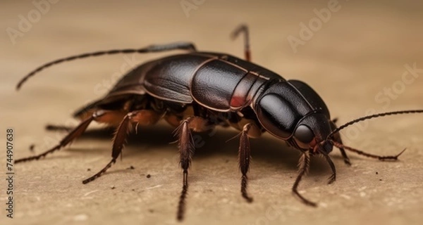 Fototapeta  Close-up of a shiny, black beetle with vibrant red eyes