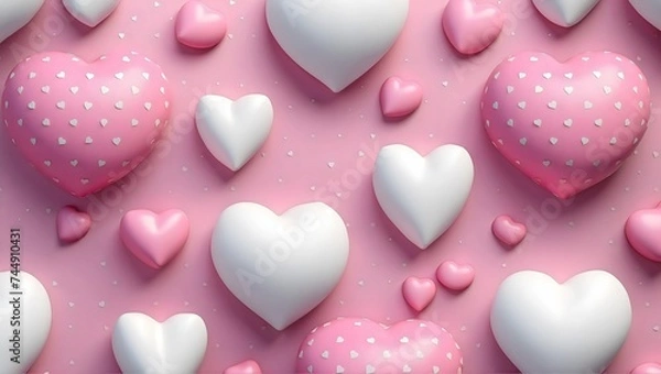 Fototapeta Valentine's Day concept with 3D pink and white hearts arranged on a seamless pink background