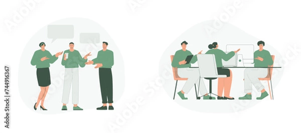 Fototapeta Team Communication and Business Meeting. Flat Cartoon Vector Illustration. Vector illustration, suitable for web landing page, ui, mobile app.