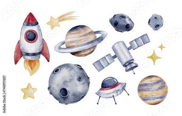 Fototapeta Set of Watercolor Space Element