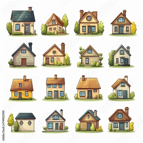 Fototapeta Set of cute houses in cartoon style isolated on white background. Vector illustration.
