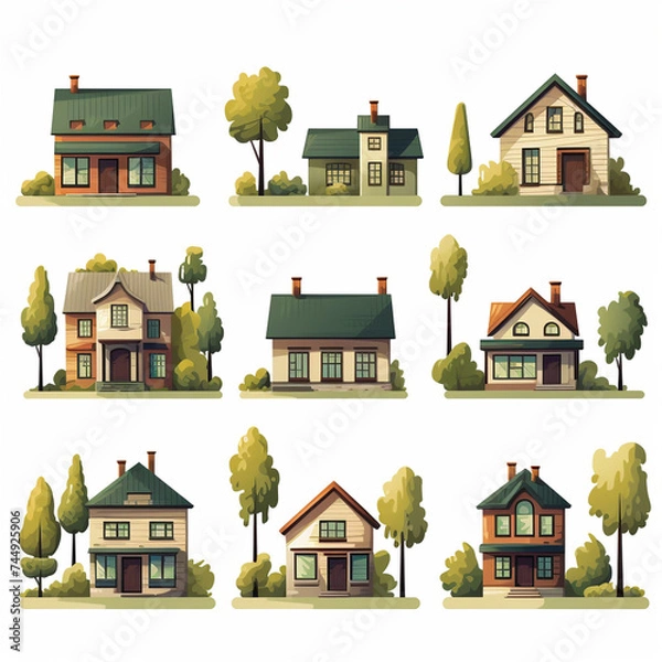 Fototapeta Set of cute houses in cartoon style isolated on white background. Vector illustration.